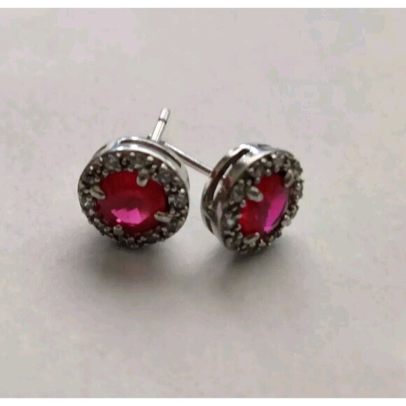 Round Lab Created Ruby Halo Stud Earrings 925 Sterling Silver No Backs - Picture 1 of 5